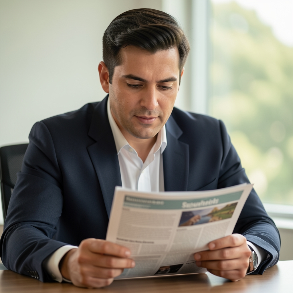 Editorial portrait of a man reading a supplement research document at a desk, soft natural light, composed professional setting