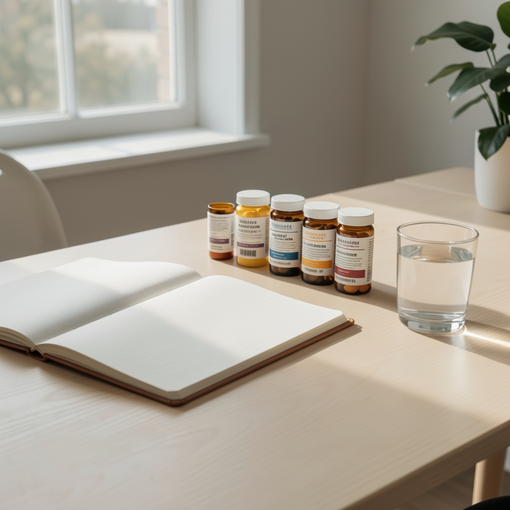 Man journalling supplement notes at a minimal desk, soft natural daylight streaming through a window, editorial composition