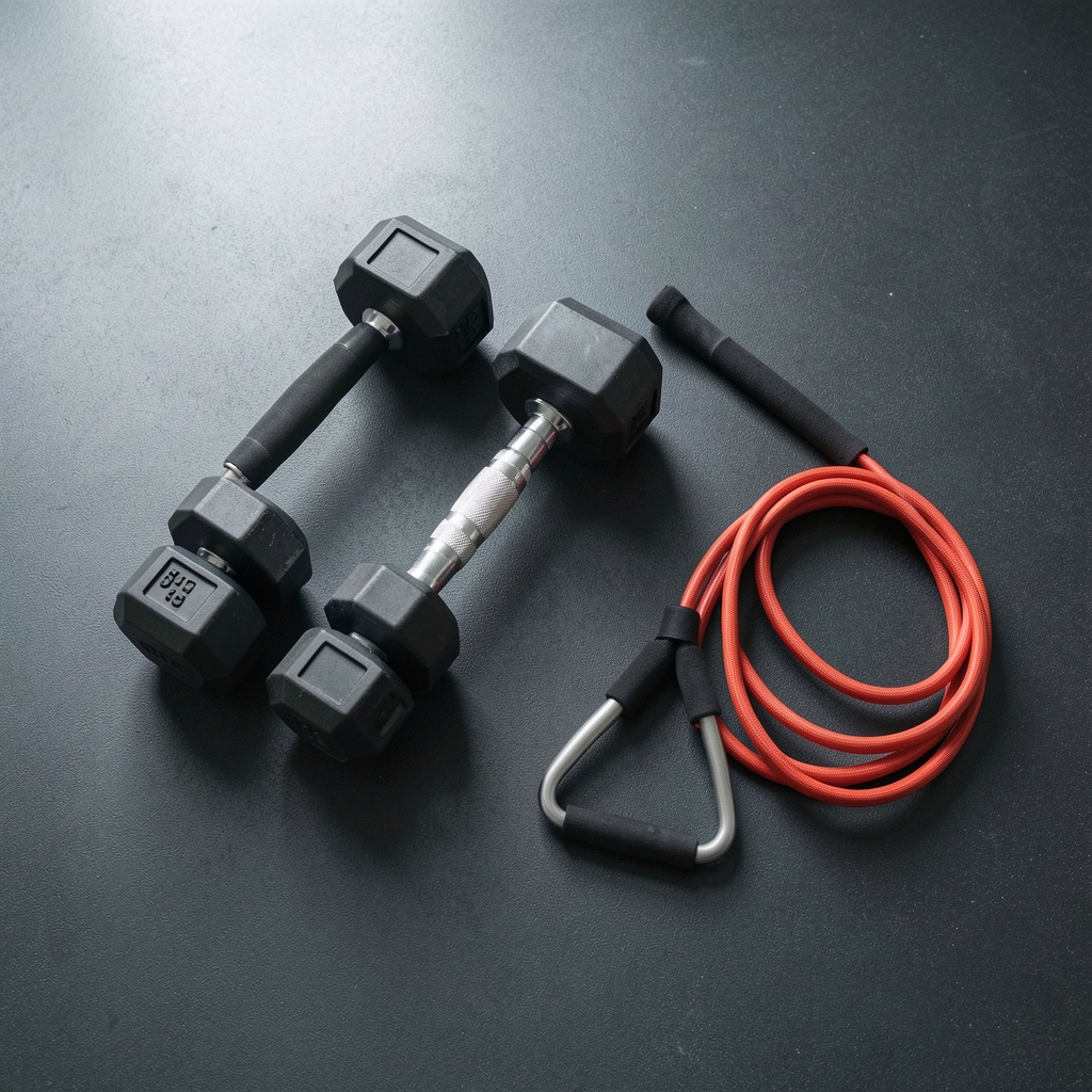 Weights and resistance bands arranged on a clean gym floor surface, editorial composition overhead view, natural light