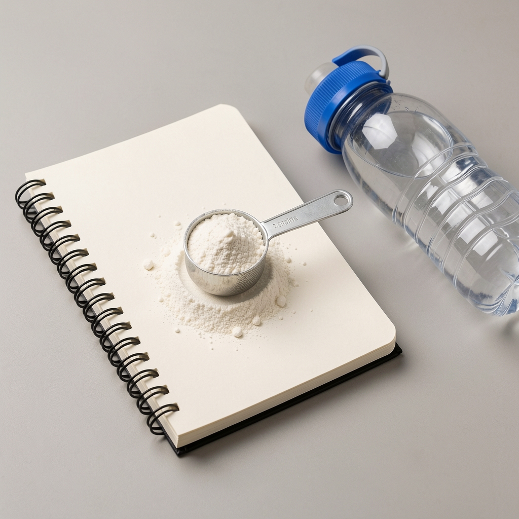 Creatine powder in a measuring scoop resting on a gym notebook beside a water bottle, editorial flat lay neutral background