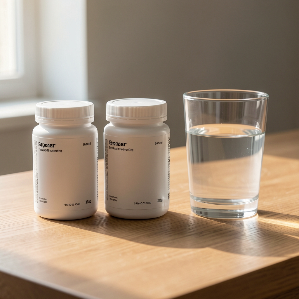 Supplement containers and a glass of water arranged on a wooden desk in soft morning light, minimal editorial composition