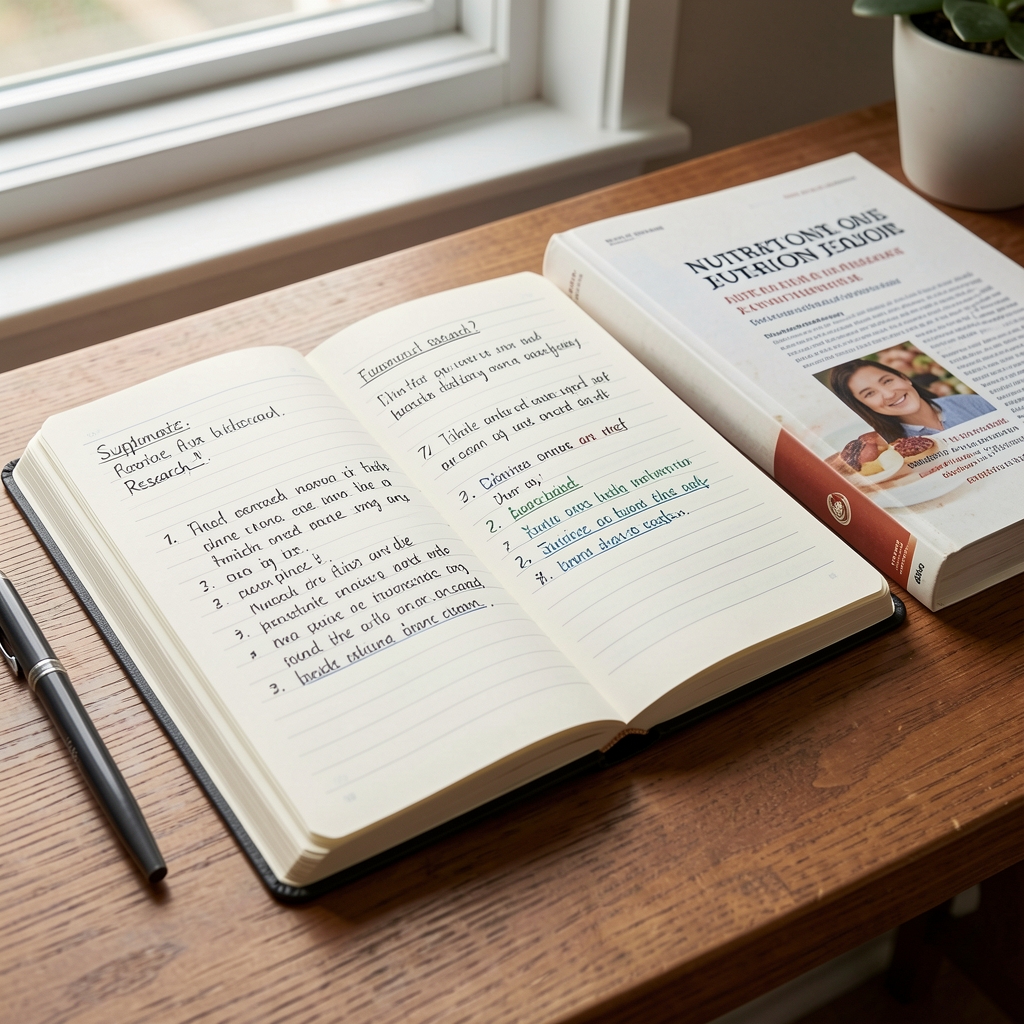 Open notebook with hand-written supplement research notes on a desk beside published nutrition journal, editorial composition in natural light